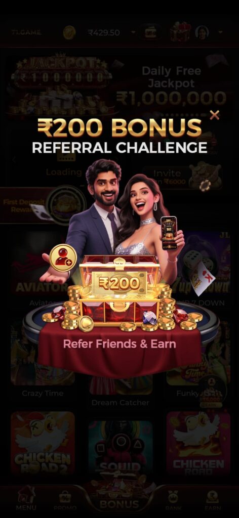 Glossy red T1 Game logo with gold outline and dark casino background